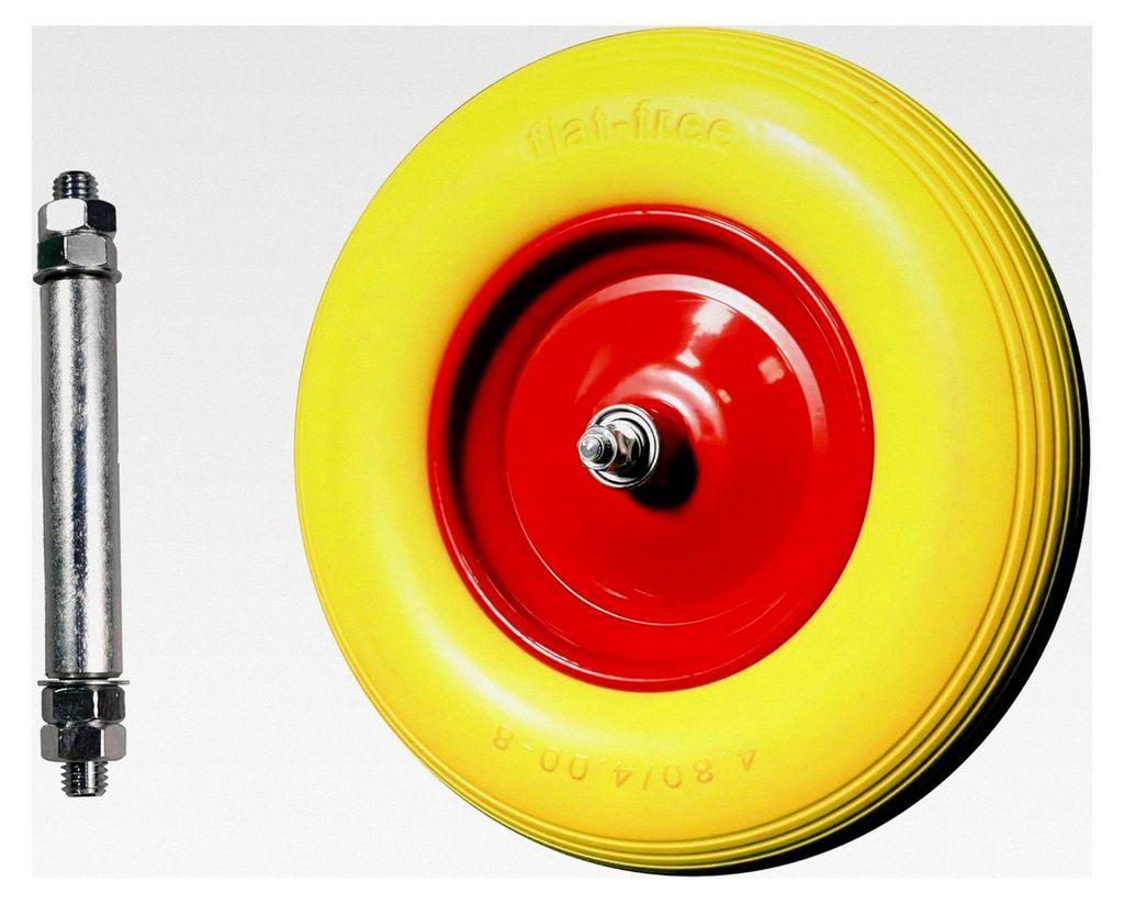 Schubkarrenrad aus PolyurethanVollgummi mit Achse, Tragkraft 200 kg, 4.80/4.00-8, pannensicher, Reifen mit Stahlfelge, Durchmesser 390 mm, gelb-rot