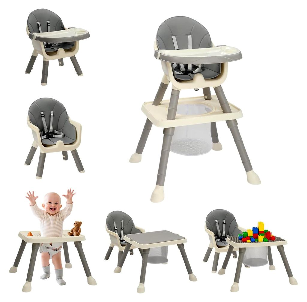 Hochstuhl für Babys mit Liegefunktion, geeignet ab 6 Monaten für Essen und Baden, Babystuhl mit Goldrahmen, inklusive Doppeltablett und Fußstüt...