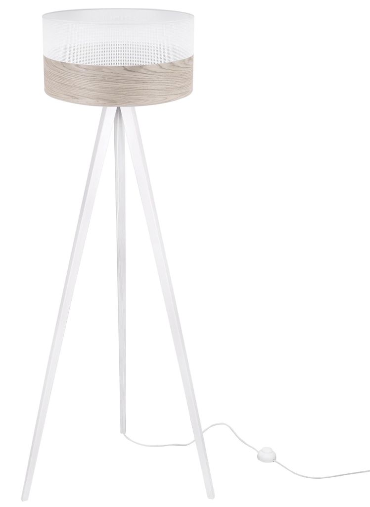 Stehlampe Dreifuß Weiß mit Zylinderschirm Wood Weiß-Furnier 45 cm E27 – Moderne Standleuchte