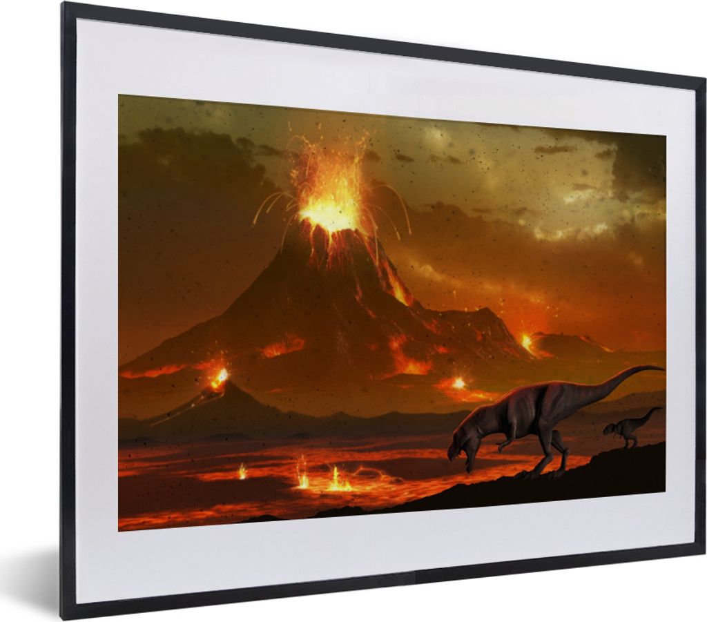 MuchoWow MuchoWow Gerahmtes Poster Dino - Vulkan - Lava - Illustration - Jungen - Kinder 40x30 cm - Poster mit zchwarzem Bilderrahmen - Bilderr...