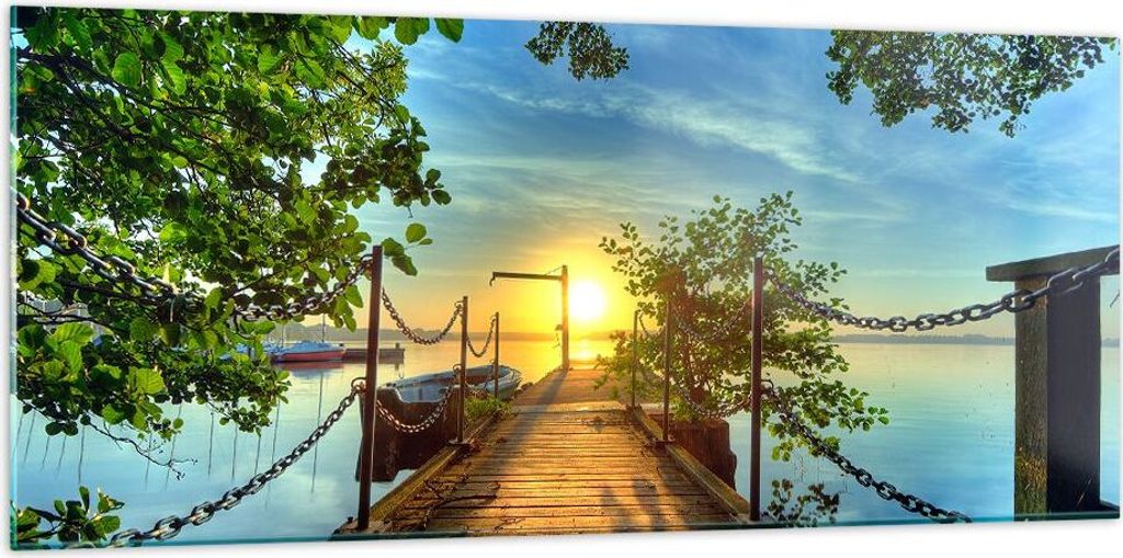 Bilder auf glas - See Sonnenuntergang Boot Landschaft - 120x50cm - Glasbilder - Wandbilder - Kunstdruck - Wanddekoration aus Glas - Glas Bilder - W...