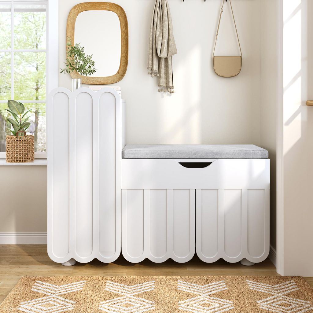 Merax Schuhschrank 90 cm mit 3 Türen, Schublade und Sitzpolster, Schuhregal Flur, Kommode mit Stauraum kompakt, gepolstert sitzbank, modern Weiß