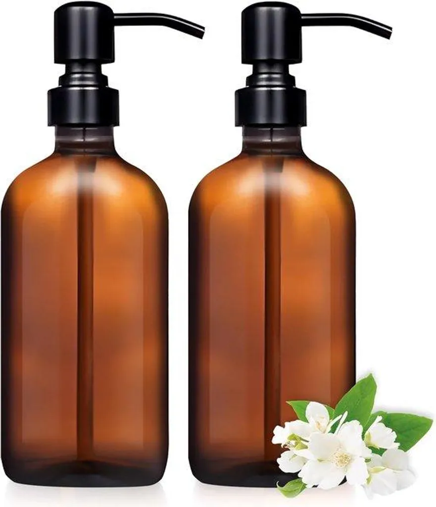 Flacon pompe en verre ambre 500 ml avec bec en acier inoxydable x2