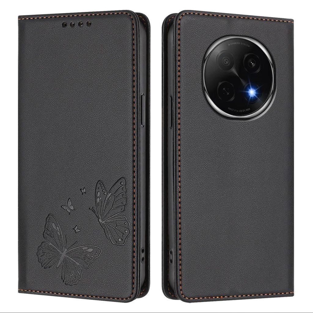 Lederhülle für Oppo F29 Pro, Schmetterling Prägung Leder Brieftasche Schutzhülle mit Ständer Schwarz