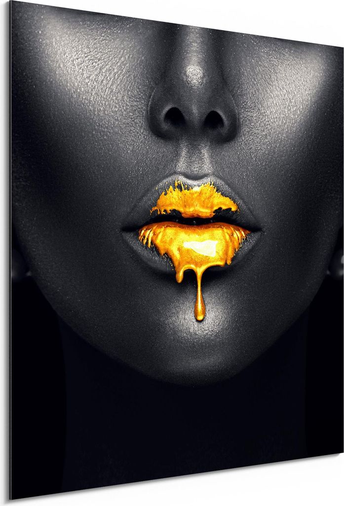 DEQORI Alu-Dibond Bild Weiß 50x50 cm 'Goldbedeckte Lippen' Wandbild Metall dünn Design