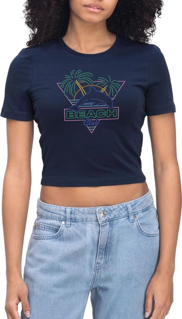 Spreadshirt Retro Beach Club Neon Sign Print Crop Top, S, Light Navy
