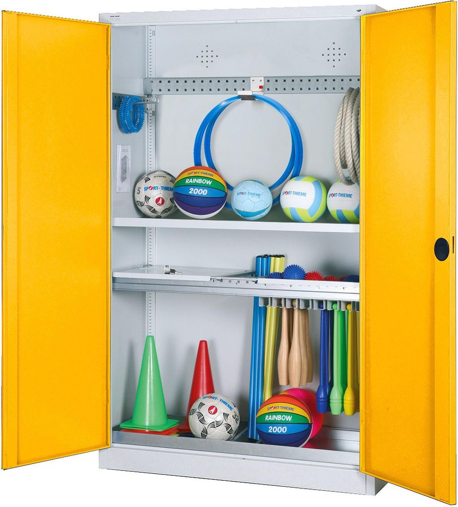 C+P Modul-Sportgeräteschrank "Komplettausstattung" mit Lochblech-Flügeltüren, HxBxT 195x120x50 cm, Ergo-Lock Muldengriff, Verkehrsgelb (RAL 1023...