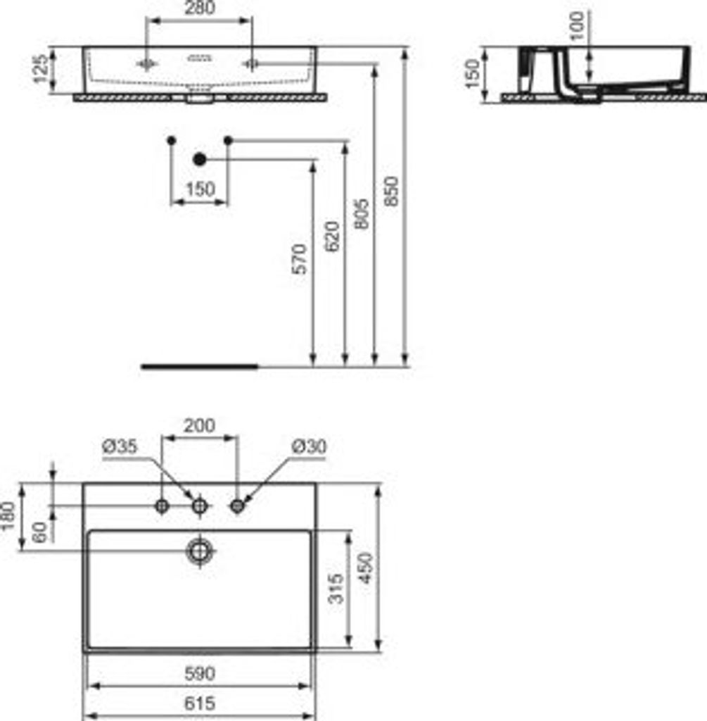 IDEAL STANDARD R054001 Waschtisch Extra 615 mm 3 Hahnlöcher