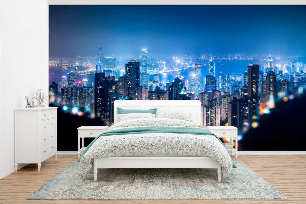 MuchoWow Fototapete für Wohnzimmer oder Schlafzimmer Wandtapete Vinyl Motivtapete Ein Luftbild von Hongkong bei Nacht - 430x240 cm - Gemustert