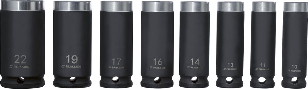 A set of black socket wrenches of different sizes, lined up against a white background.