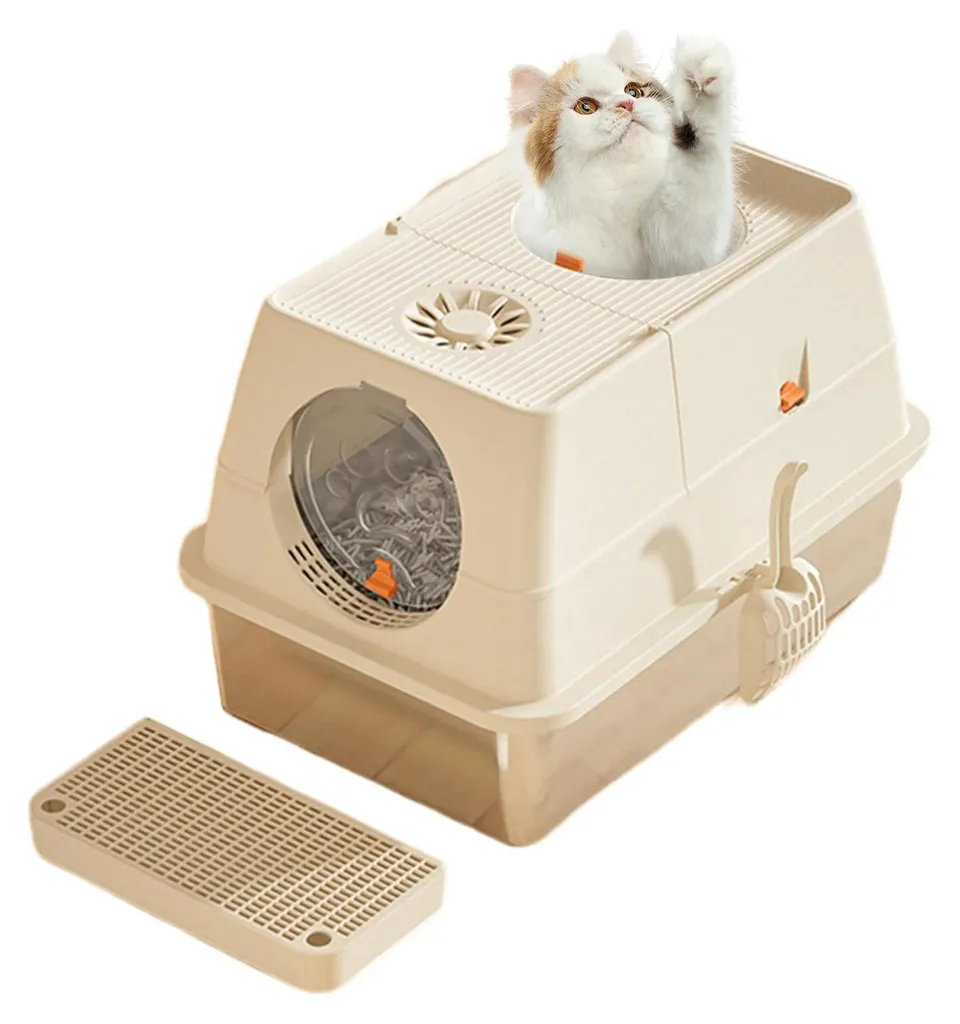 Maison de toilette pour chat en inox avec trappe et filtre à litière