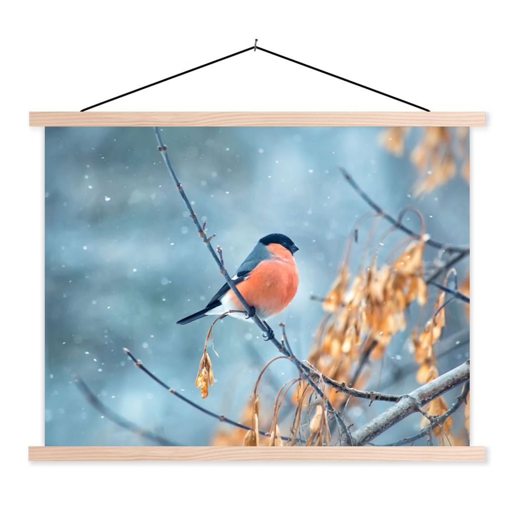 MuchoWow Textilposter Rotkehlchen - Vogel - Schnee - Herbstliche Blätter 40x30 cm mit holzfarbenen Rahmen - Bilder