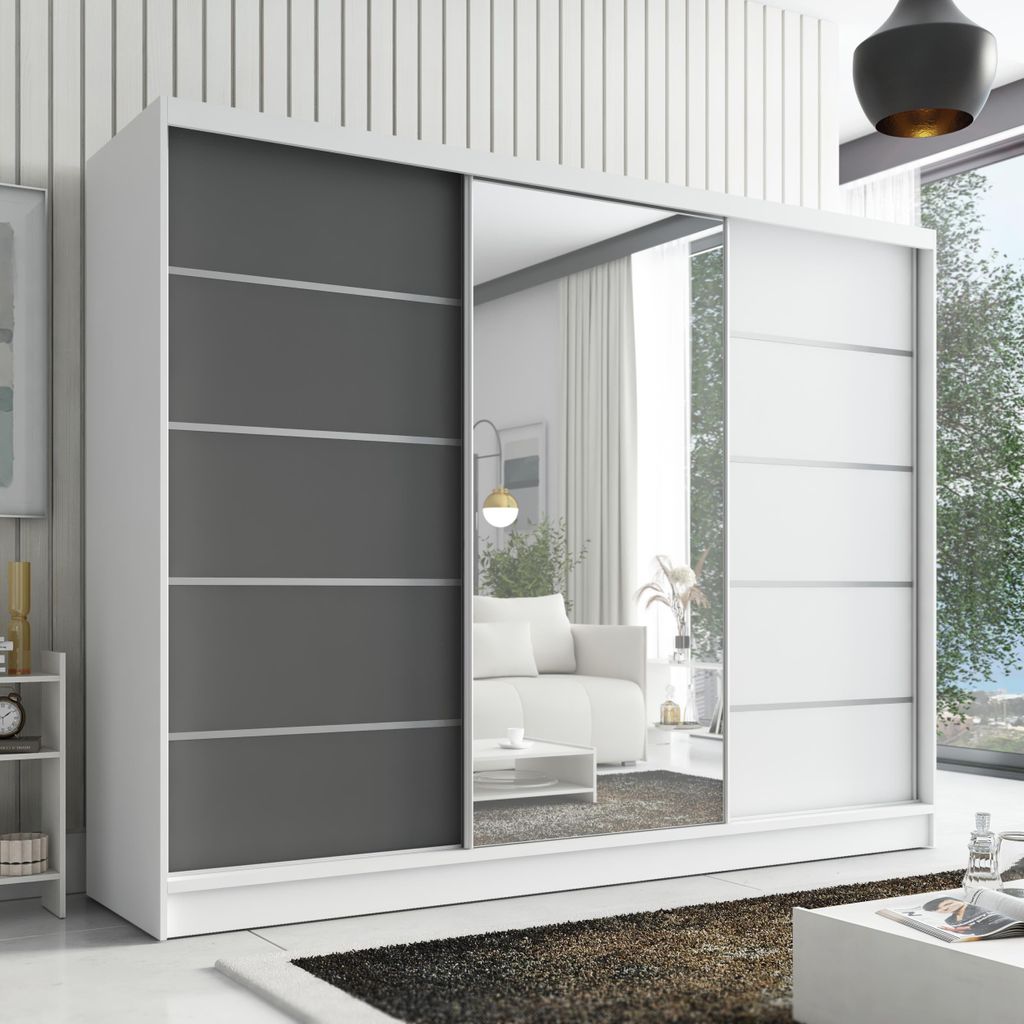 Schwebetürenschrank AURELIA 1, 3-türig Schrank 200 cm Kleiderschrank mit Schubladen, und Spiegel. Farbe: Weiß / weiß / Graphit