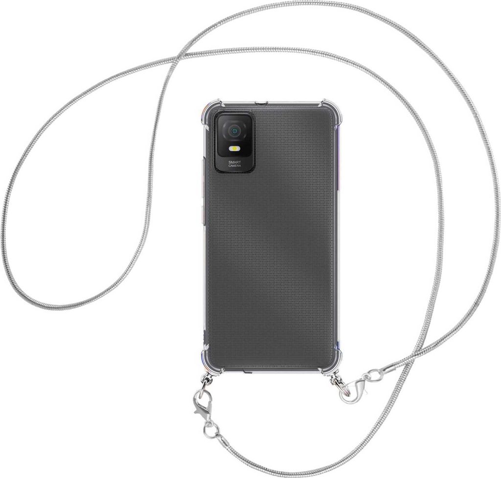 Handykette Backcover-Schutzhülle mit Band (Metall silberfarben) für TCL 403 (T431, 6.0'') - silberfarbene Snake-Kette