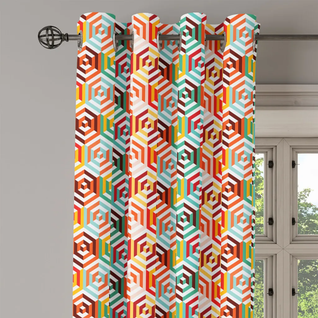 Rideau géométrique orange 280x175cm pour masquer le vis-à-vis déco