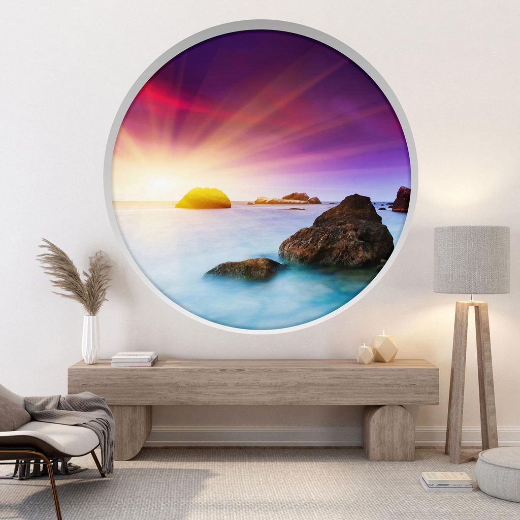 Trompe-l'œil-Aufkleber Runde Bogen - Lumaléa - Blick auf das Meer bei Sonnenuntergang - Durchmesser 130 cm
