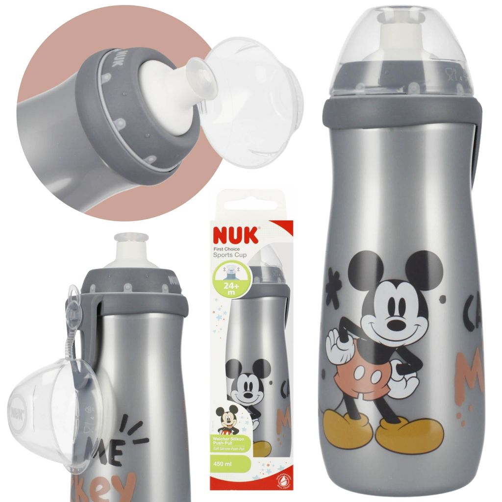 DISNEY Mickey Mouse Wasserflasche mit Silikon-Trinkmundstück, graue Flasche mit Clip, 450 ml