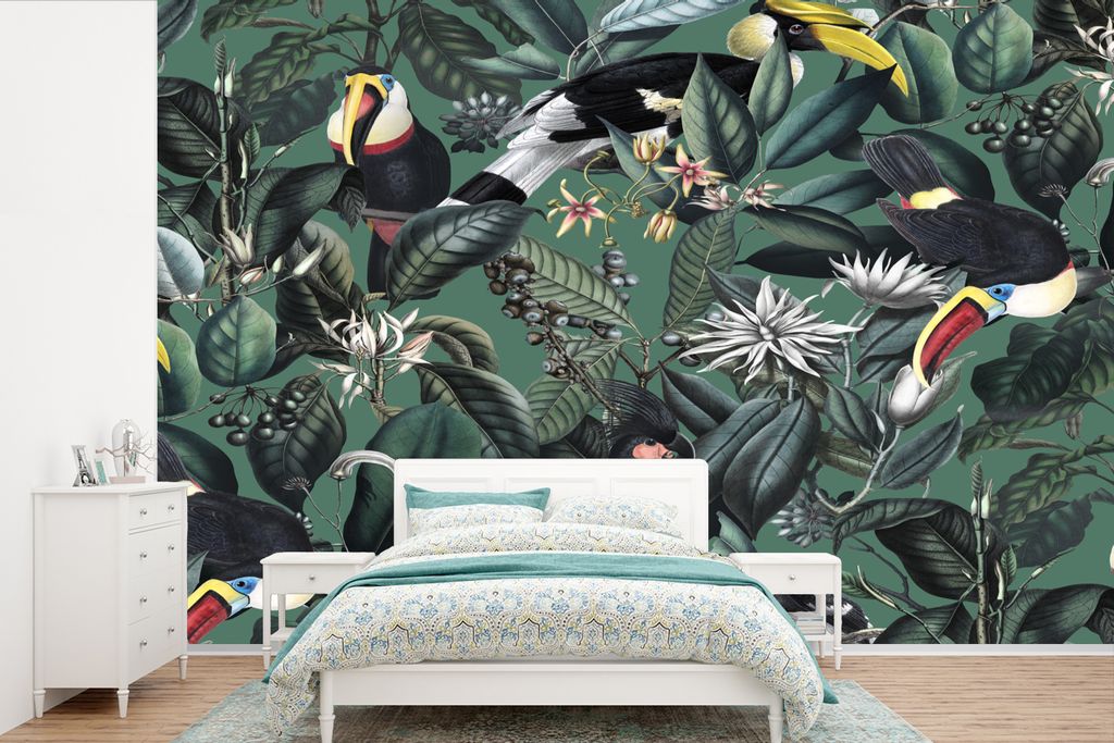 MuchoWow Fototapete für Wohnzimmer oder Schlafzimmer Wandtapete Vinyl Motivtapete Blumen - Vogel - Collage - 450x300 cm - Gemusterte