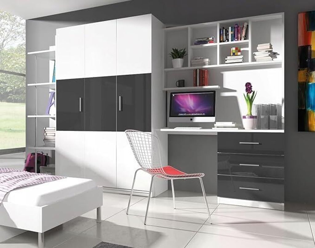 Jugendmöbel TOMI 3A Schrank, Regal, Schreibtisch Kindermöbel Hochglanz Jugendzimmer (Weiß / Grau )