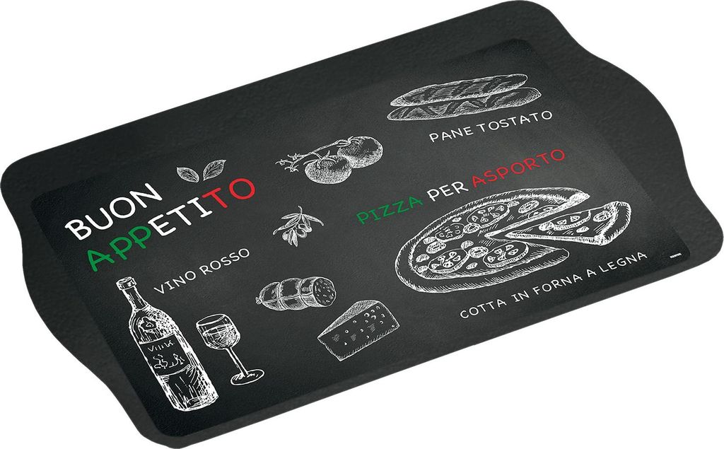 A black tray with chalk-like drawings of Italian food and text.