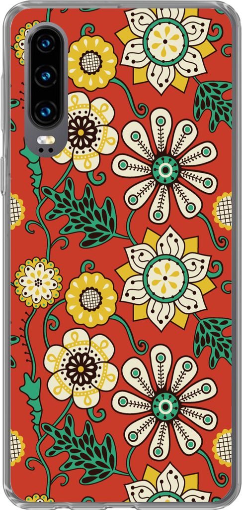 MuchoWow Handyhülle Schutzhülle Hülle für Telefoonhoesje Huawei P30 Design - Blumen - Hippie - Retro Silikon Softcase Handy Hülle - Kartenbe...