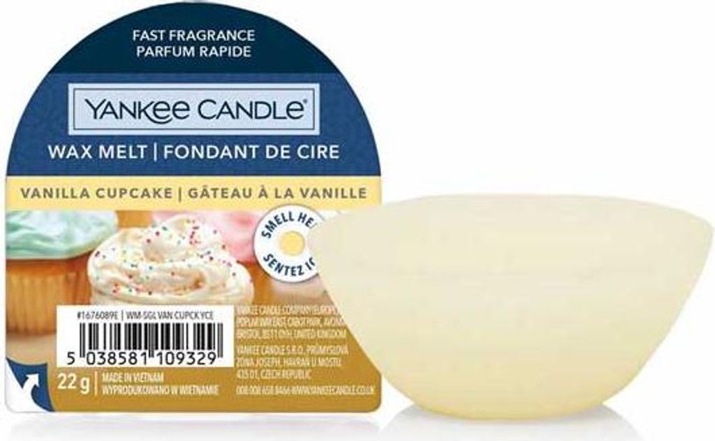 A Yankee Candle wax melt in its packaging, with the wax melt itself shown separately.