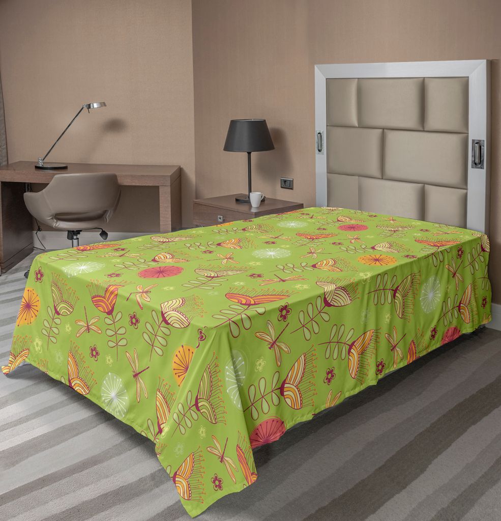 ABAKUHAUS Libelle Bettlaken, Blaubell Blumenmotive Mit Pfingstrose Funky Fashion Boho Retro Kunst Muster Druck, weiches bequemes oberes Bettlaken f...