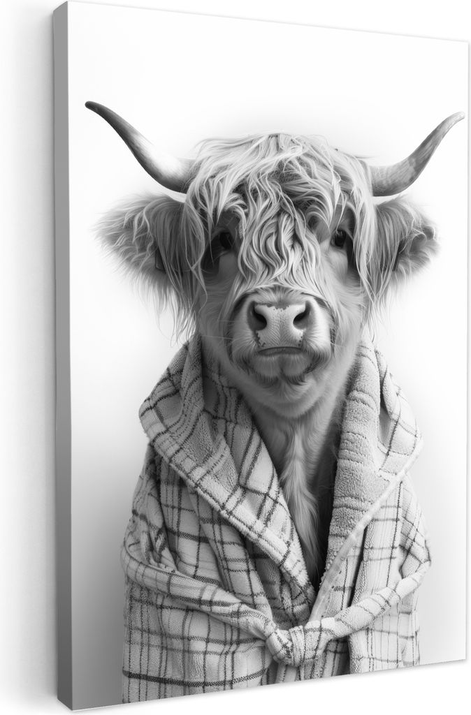 MuchoWow - Leinwandbilder - Schottischer Highlander - Kuh - Bademantel - Schwarz und weiß, Wandbild, Wanddeko Bilder Wohnzimmer, 40x60 cm