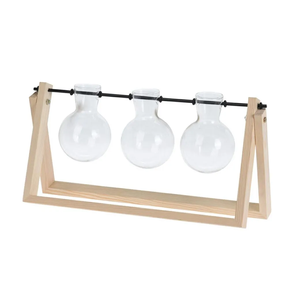 H&S Decoration Lot de 3 Vases en Verre sur Support Bois 14,5x30x7 cm