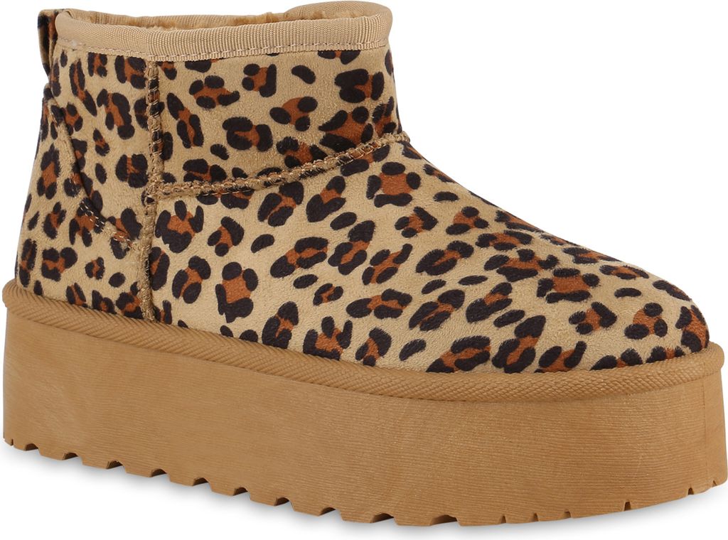 VAN HILL Damen Warm Gefüttert Winter Boots Stiefeletten Profil-Sohle Schuhe 841471, Farbe: Hellbraun Leo, Größe: 36