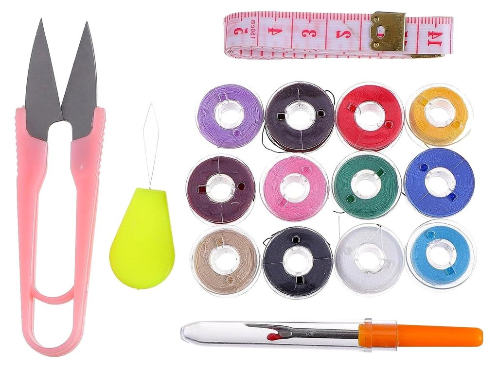 Nähmaschinenzubehör Set mit 12 bunten Garnen, Schere, Nadeleinfädler und flexiblem Lineal für präzises Nähen