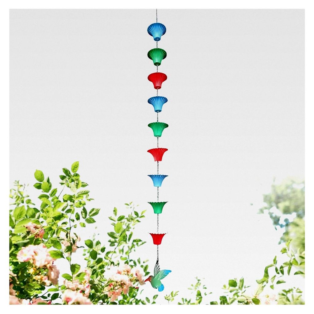 Regenketten - 119 cm Rostschutz Verlängerung - mit 8 Bechern Kolibri-Design für Garten, Outdoor, Pavillon, Terrasse, Dach, Vordach, Fallrohr