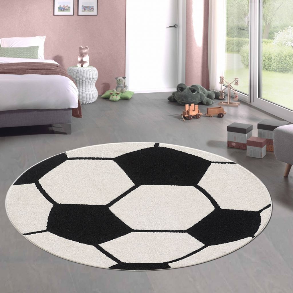 Runder Fußball-Teppich Weich, Strapazierfähig & Perfekt für Kinderzimmer & Spielzimmer in schwarz weiß Größe - 200 cm Rund