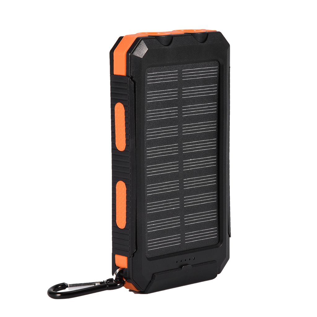 A black and orange solar power bank with a carabiner clip attached.