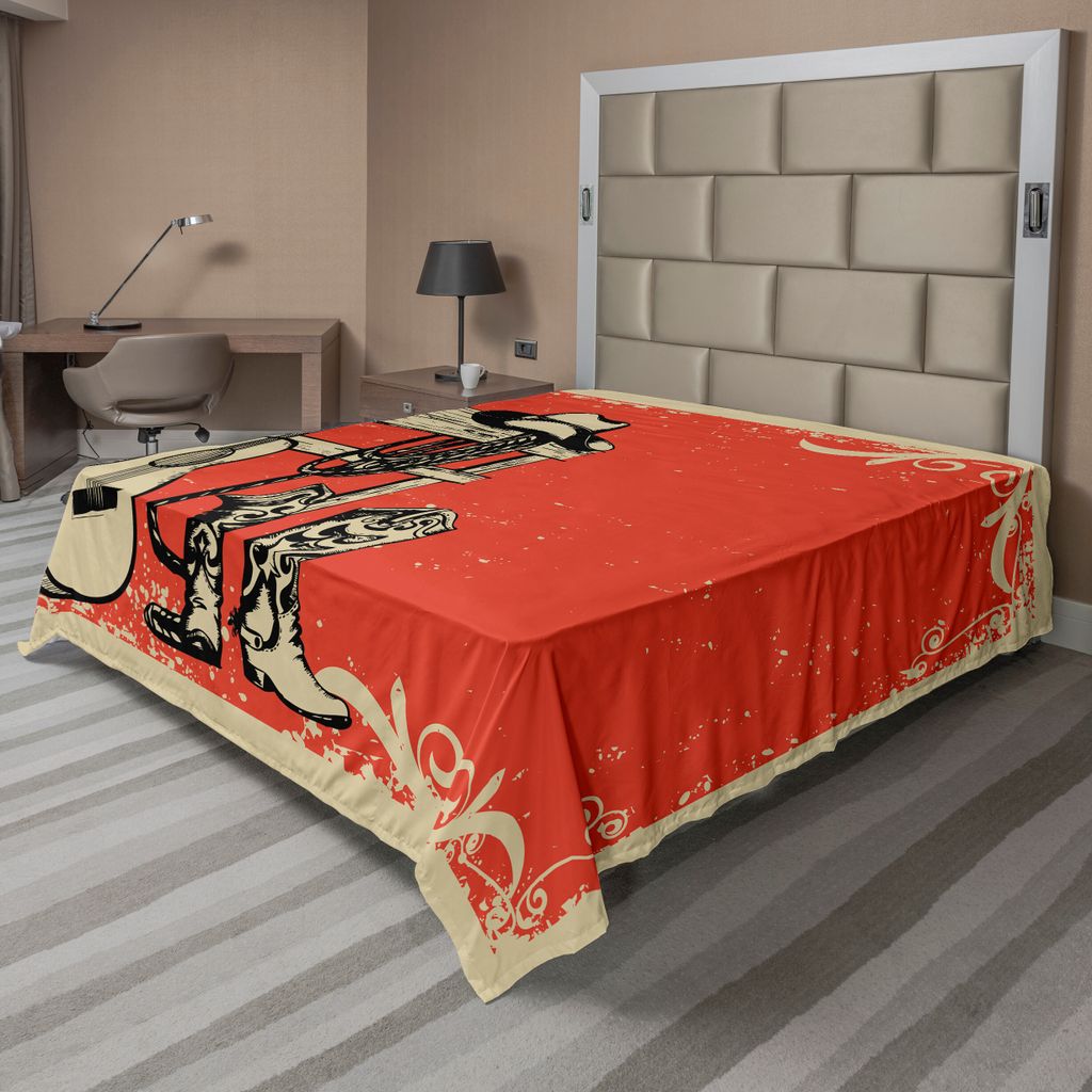 ABAKUHAUS Western Bettlaken, Bild Von Wild West Elements Mit Country Musik Gitarre Und Cowboystiefel Retro Art, weiches bequemes oberes Bettlaken f...