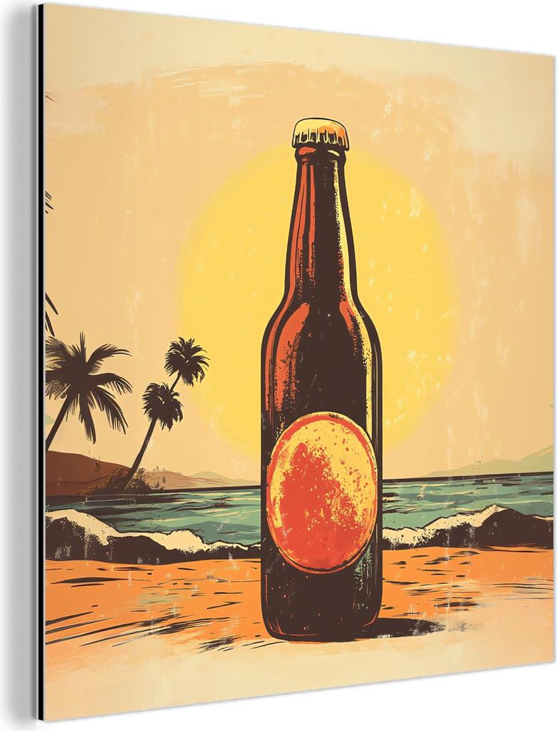MuchoWow Wanddekoration Metall Metallbild Wandkunst 50x50 cm Bierflasche - Sonnenuntergang - Palmen - Meer MuchoWow Aluminium Gemälde - Alubild - ...
