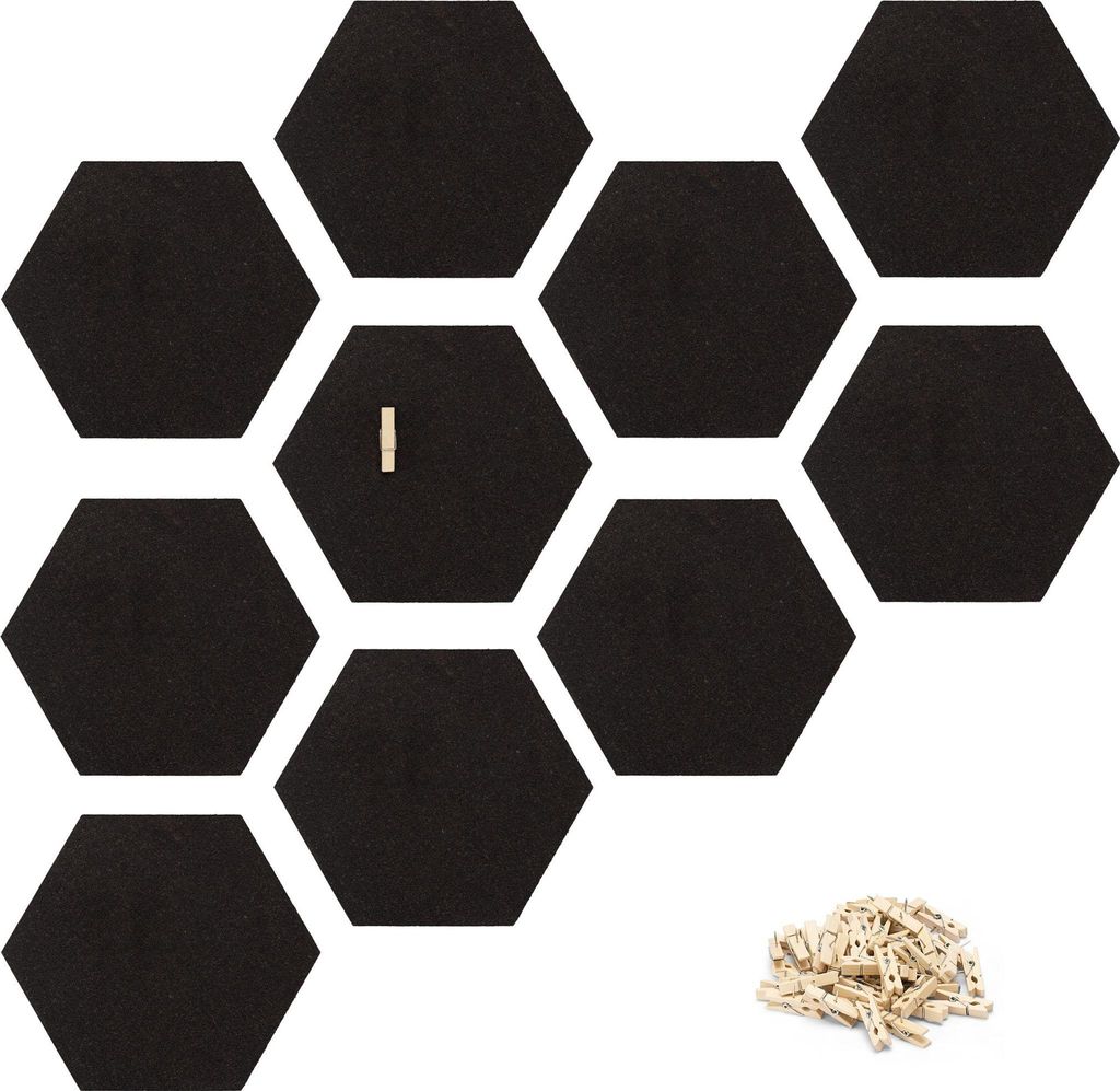 Navaris Kork Pinnwand Korkwand sechseckig - Kork Board 15x17 cm für Büro Kinderzimmer - Korkplatte inkl. 50 Pins aus Holz - selbstklebend - schwarz