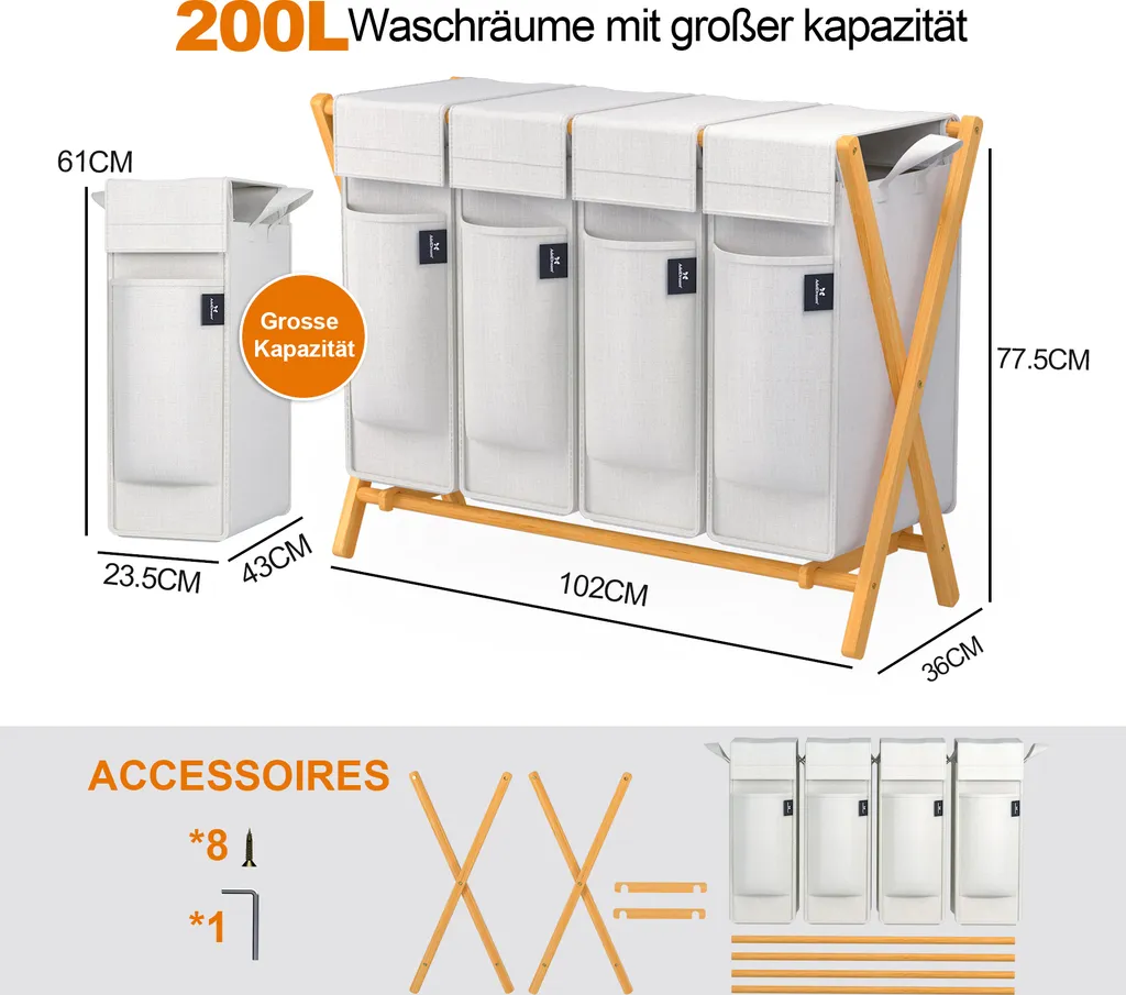Panier à Linge 4 Compartiments pour Finir la Corvée de Tri 200L - 2