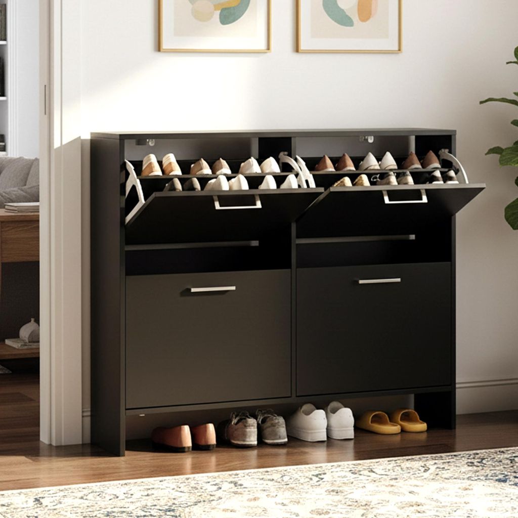 FCH Schuhschrank schmal mit 4 Klappen, Schuhregal für den Eingang, Flur, Wohnzimmer 106,5 x 24 x 90 cm, Schwarz