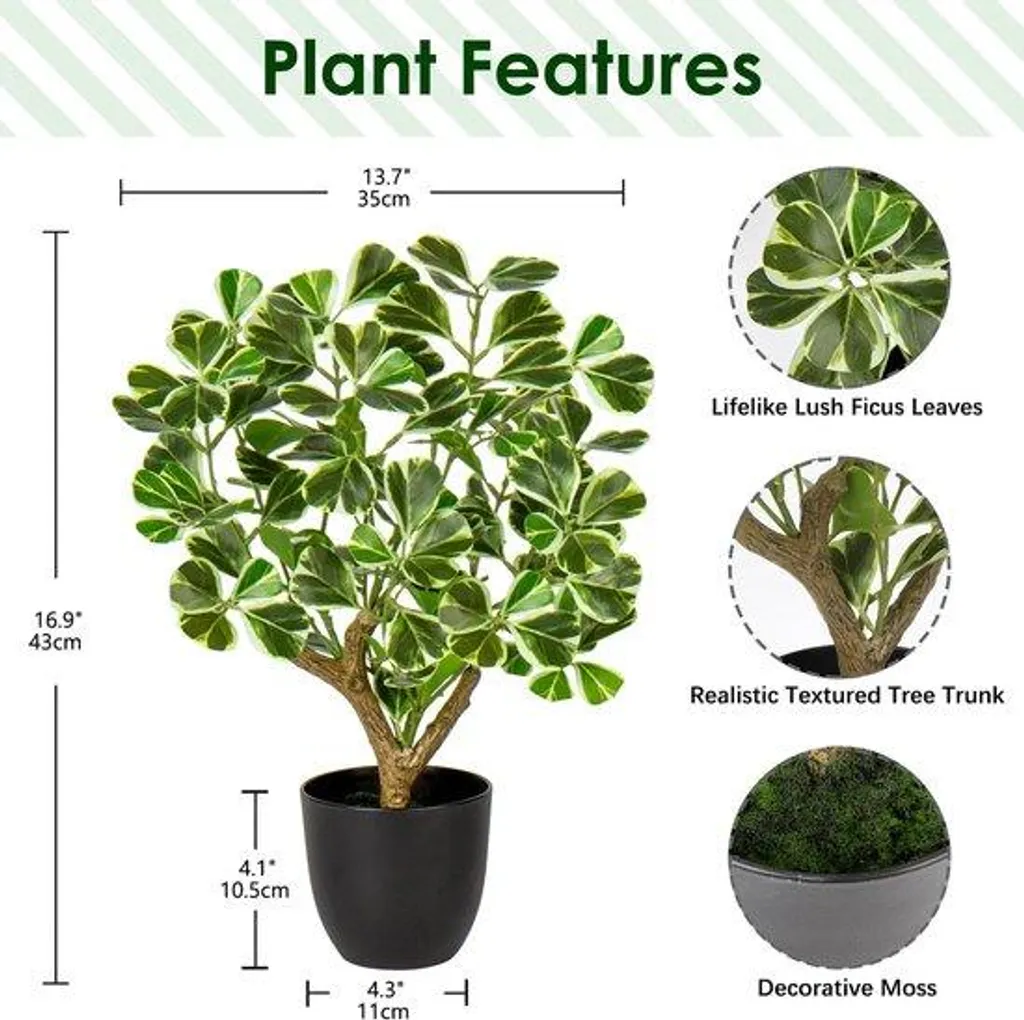 Ficus artificiel 43 cm avec pot en céramique noir pour décor intérieur