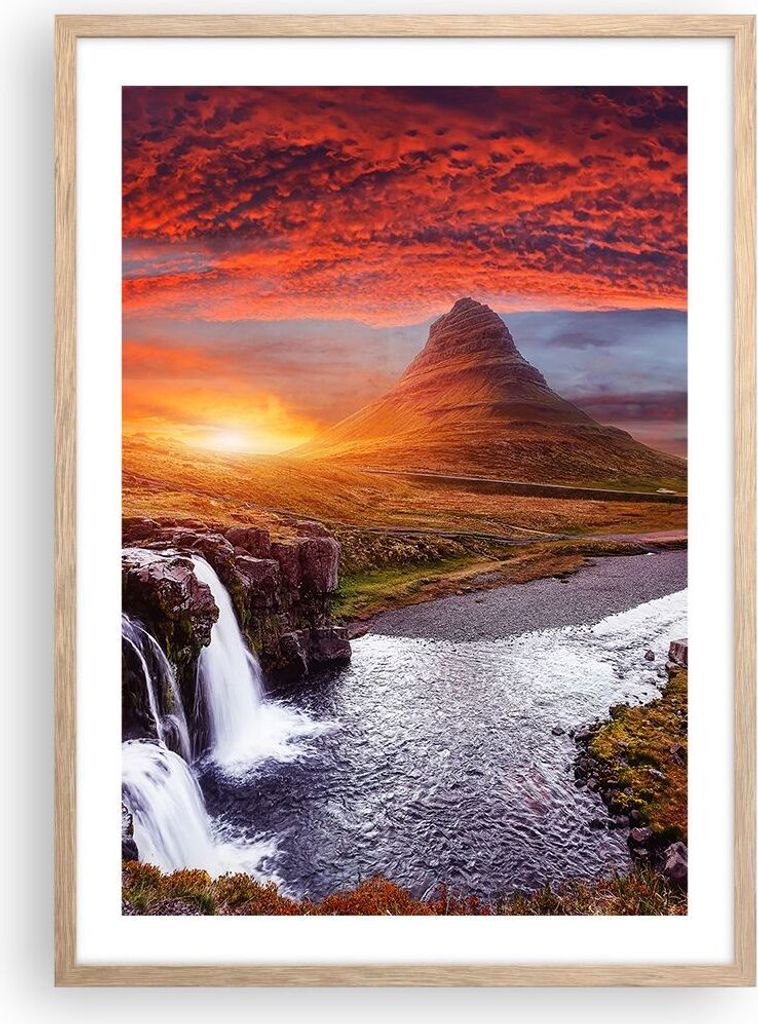Gerahmtes Poster - Rahmen in heller Eiche - Kirkjufell Wasserfall Berg - 50x70 cm - Wand Bild - Wanddeko - Wandbilder - Kunstposter - Wandposter - ...