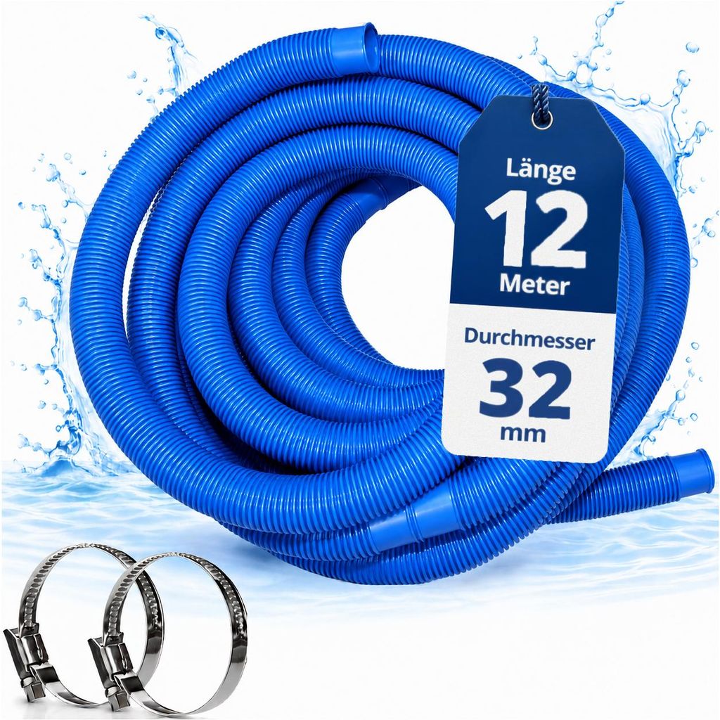 HAF Hochwertiger Pool Schwimmbadschlauch 32mm Blau 12 Meter | Poolschlauch für Garten & Schwimmbad | Solarschlauch + 2x Edelstahl Schlauchschellen