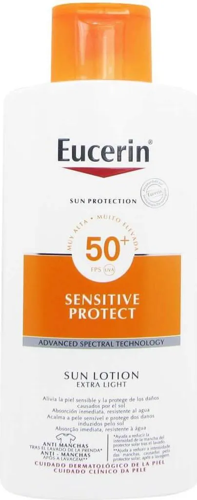 Lotion solaire Spf50+ Eucerin peaux sensibles anti-traces blanches