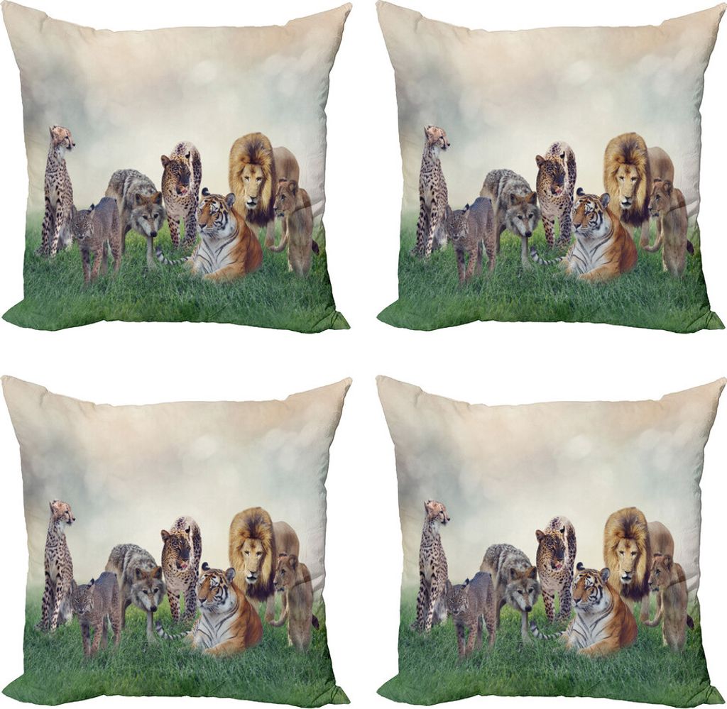 ABAKUHAUS Leopard Kissenbezug Set (4 Stück), Digitale Tiere auf Gras, Moderner Doppelseitiger Digitaldruck, 45 cm x 45 cm, Mehrfarbig