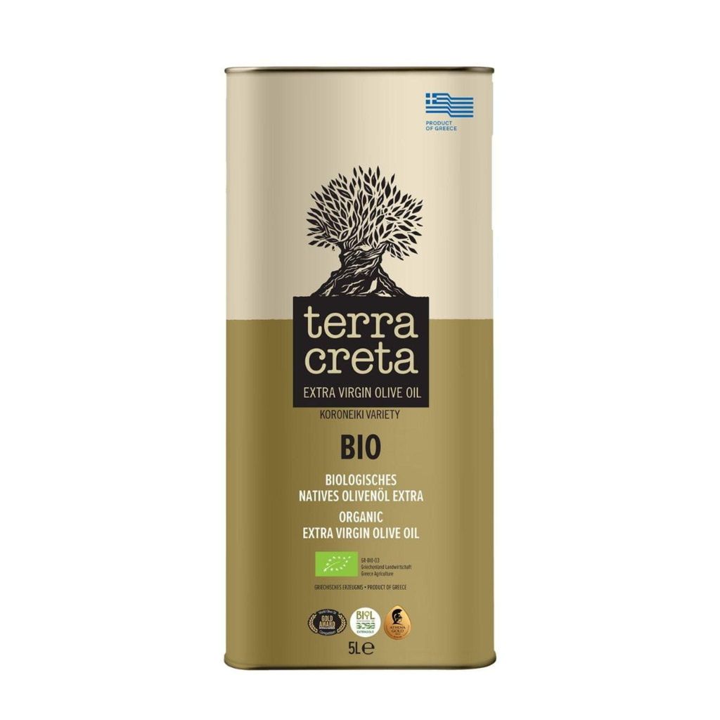 A tall, cylindrical can of Terra Creta Extra Virgin Olive Oil against a white background.