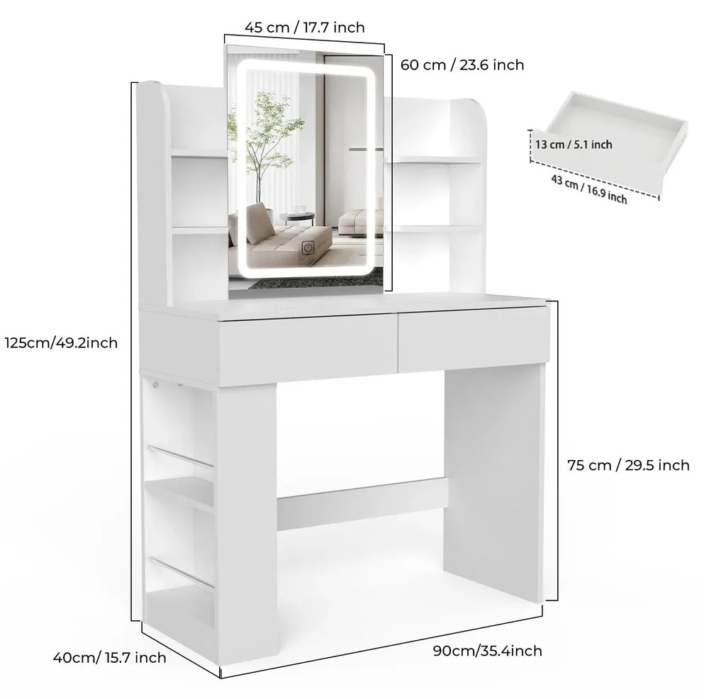 Coiffeuse LED 90 cm avec 2 tiroirs de rangement et étagère modulable