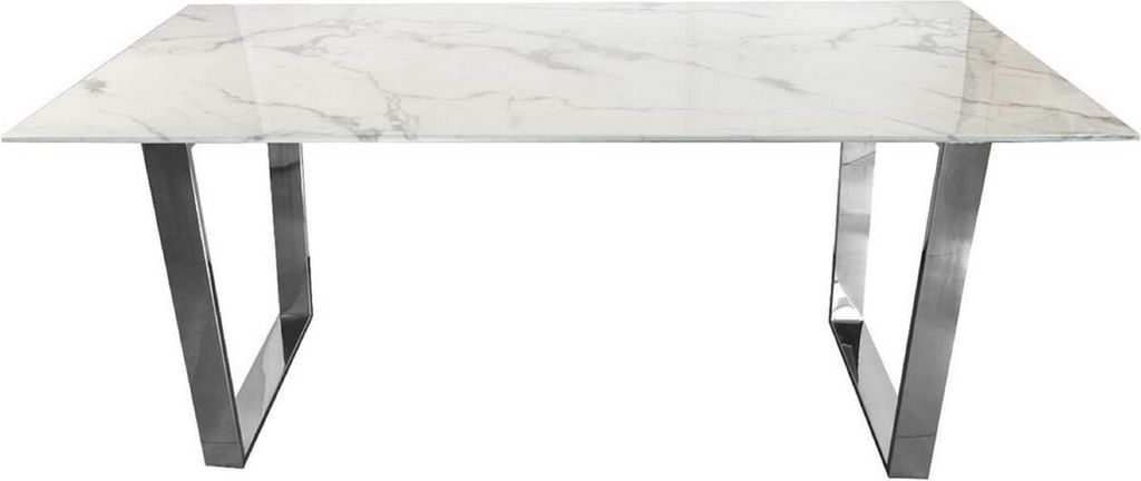 Casa Padrino Luxus Esstisch Weiß / Silber 160 x 80 x H. 75 cm - Esszimmer Tisch mit Kunstmarmor Tischplatte - Esszimmer Möbel - Luxus Möbel - Lu...