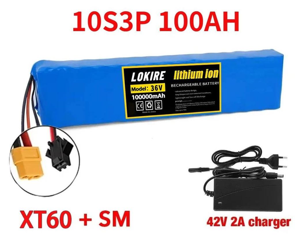 E-Scooter Akku 36V - Li-Ion Batteriepack 10S3P 100Ah - 1000W Leistung - Mit BMS - Inkl Ladegerät - XT60-SM Stecker - XT60-SM-Charger