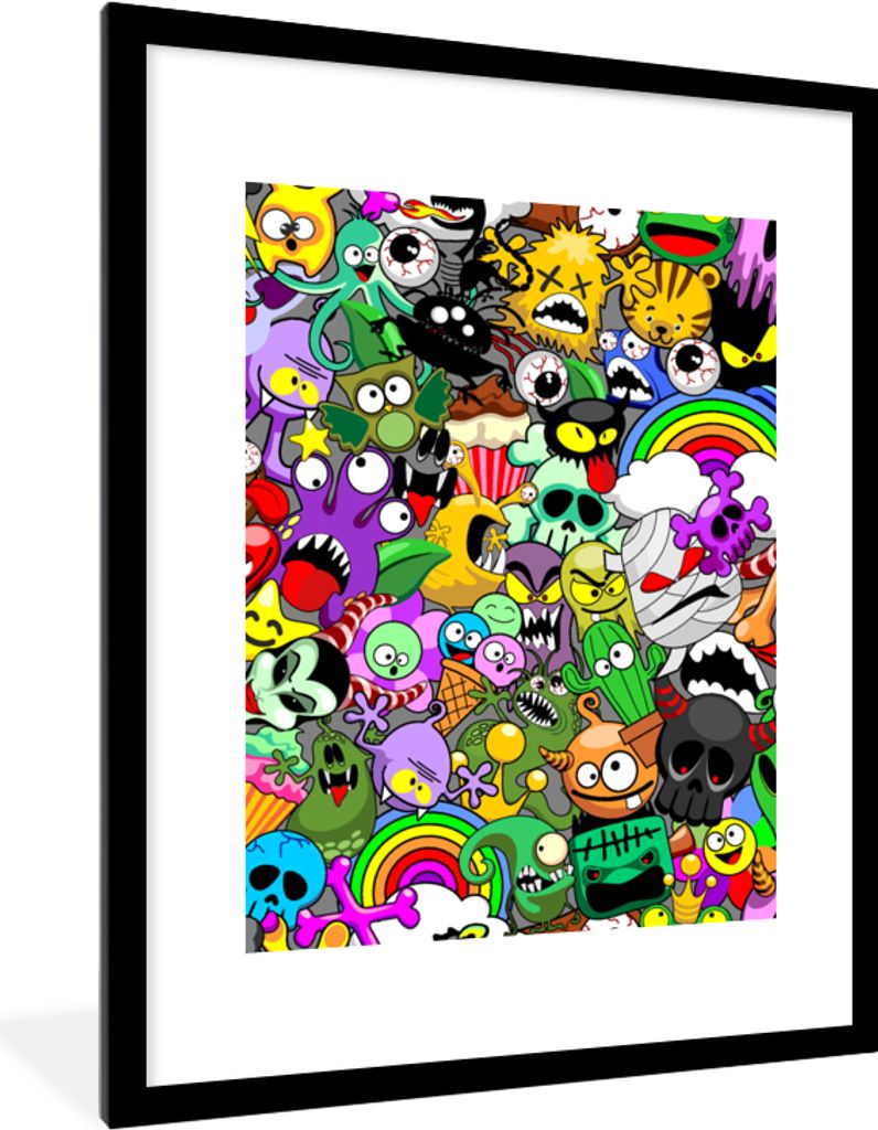 MuchoWow Gerahmtes Poster Neon - Patronen - Grappig - Monsters - Regenboog - Kinderen 60x80 cm - Poster mit Schwarzem Bilderrahmen Wandposter Rah...