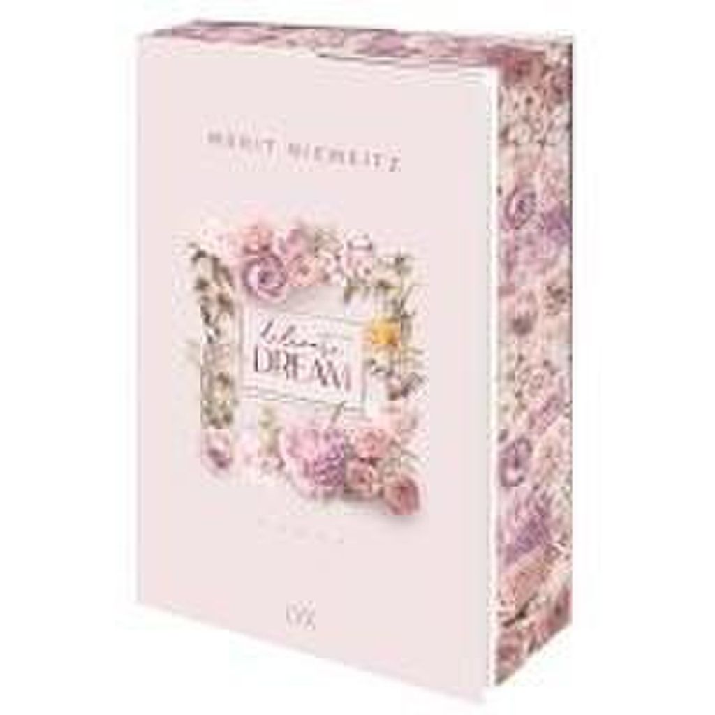 A pink box with floral designs and text.